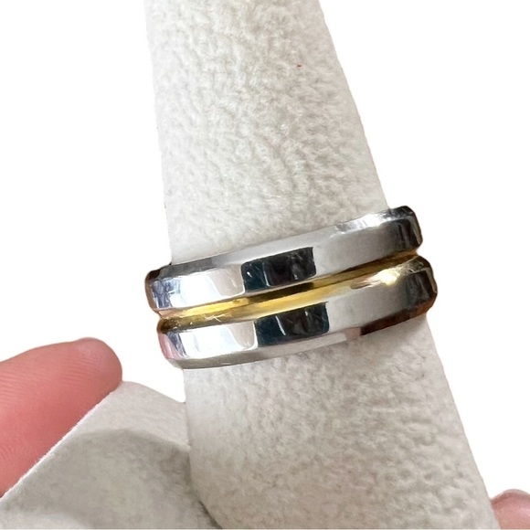Silver Stainless Steel & Gold Tone Groove Wide Band Ring - Picture 2 of 10